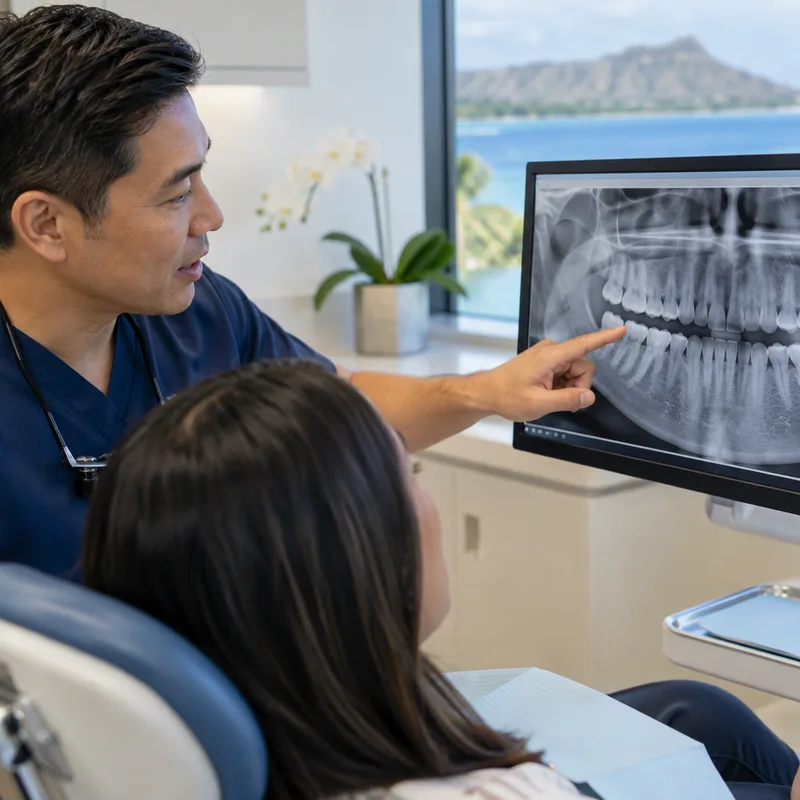 Dental x-ray displayed on a monitor as a dentist points to an area under discussion