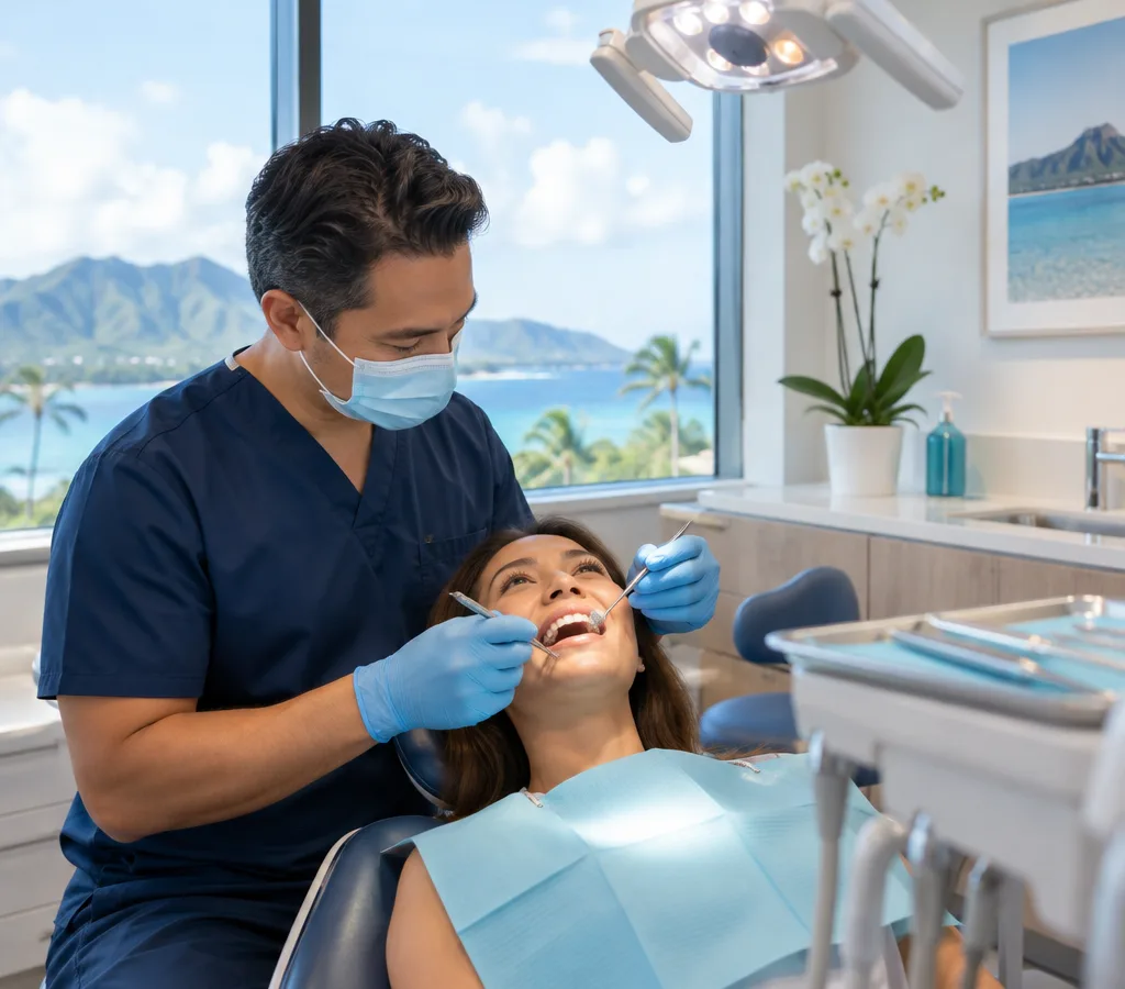 Patient receiving a routine dental exam in a calm modern treatment setting