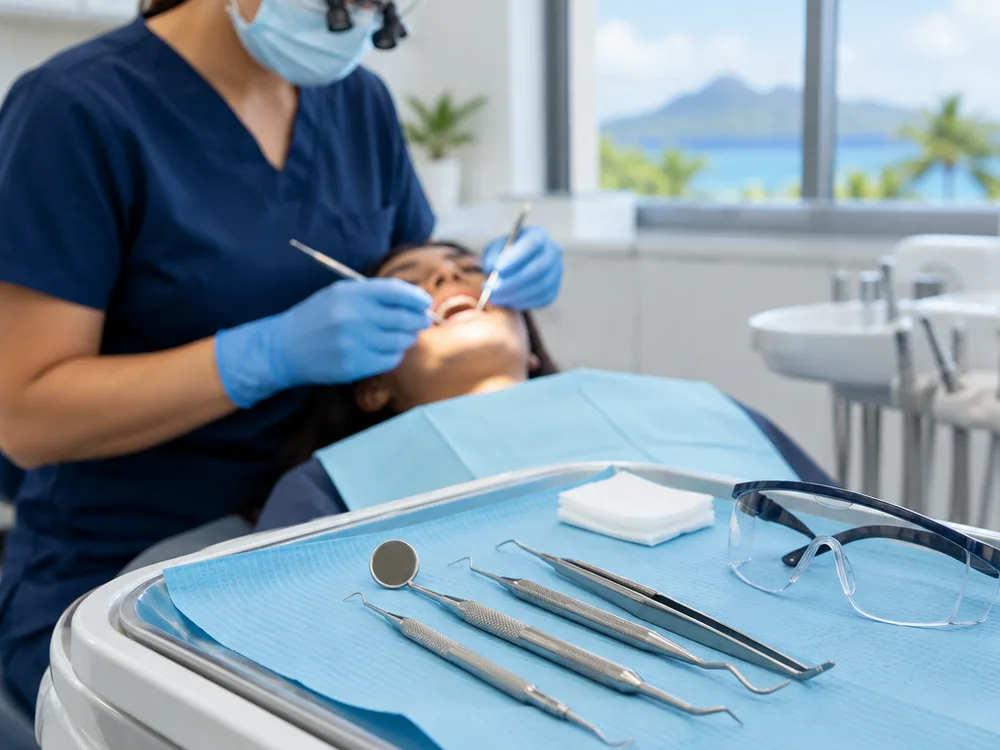 Dental instruments prepared for a general dentistry visit