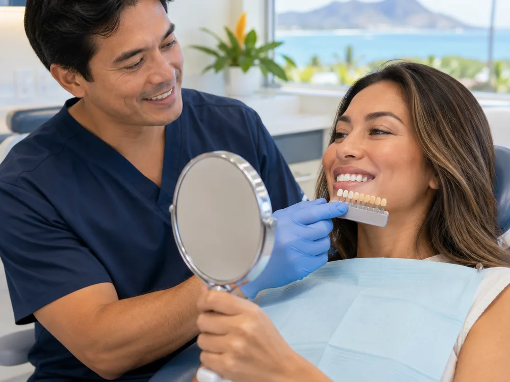 Dentist matching a tooth shade and discussing a restoration plan with a patient