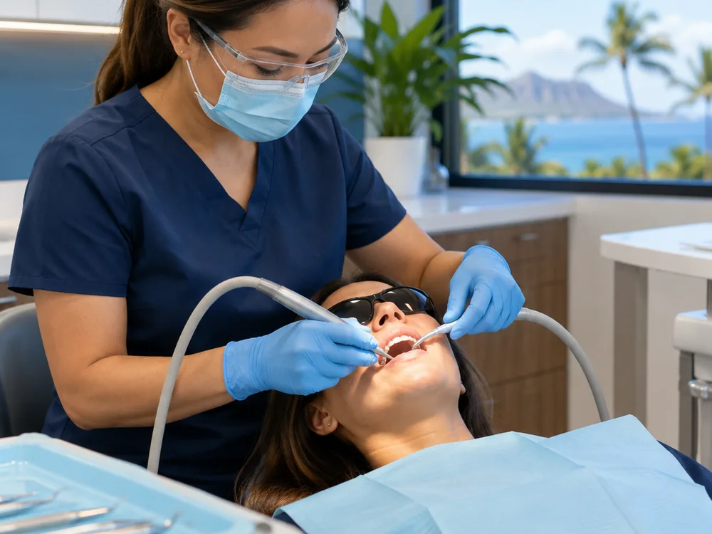 Dental hygienist performing a routine cleaning with the patient wearing protective eyewear