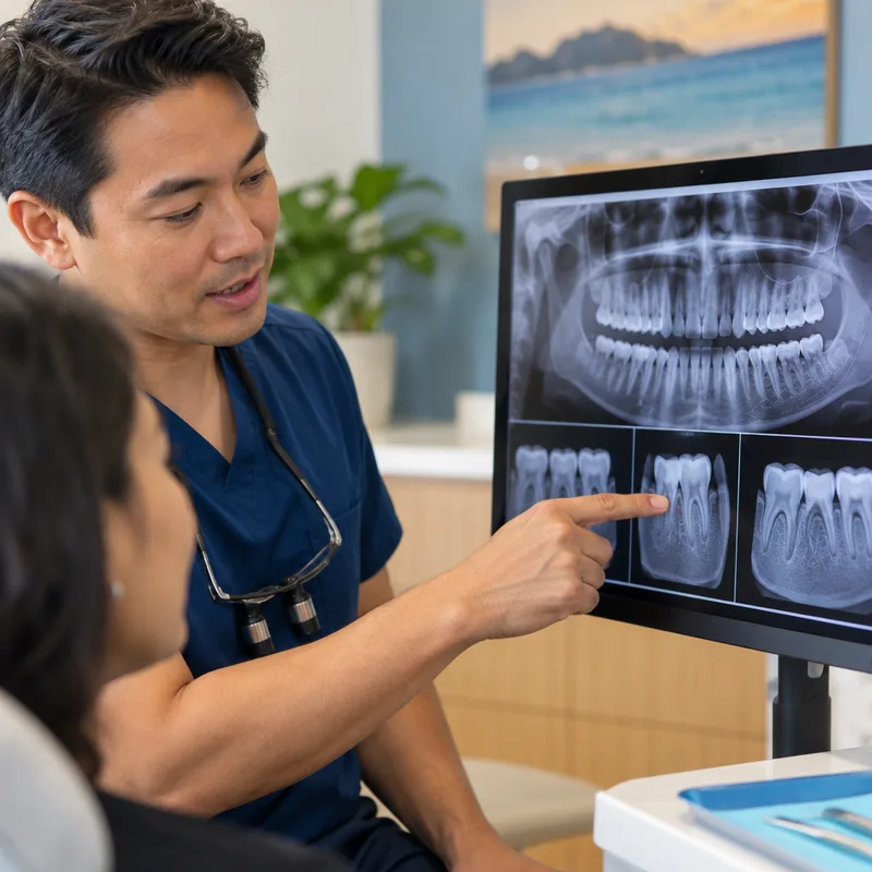Dental X-rays on a monitor as a dentist points to an area of concern without patient-identifying information