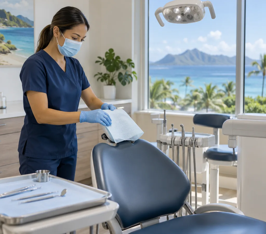Dental professional preparing a bright exam room with a dental chair and clean instruments