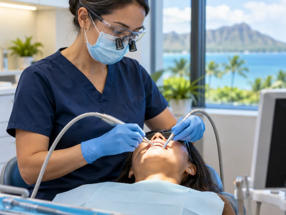 Dental hygienist performing a professional cleaning with an ultrasonic scaler and suction