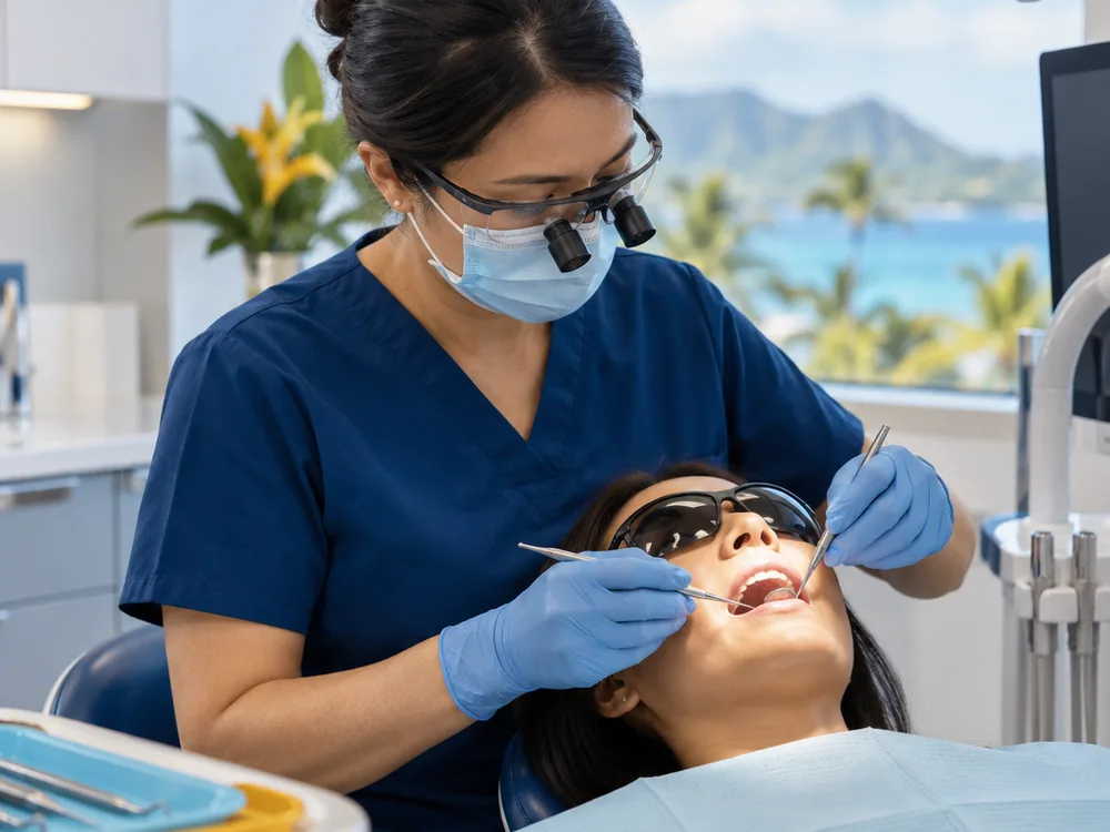 Dentist performing an oral exam with a mouth mirror and light while the patient wears protective eyewear