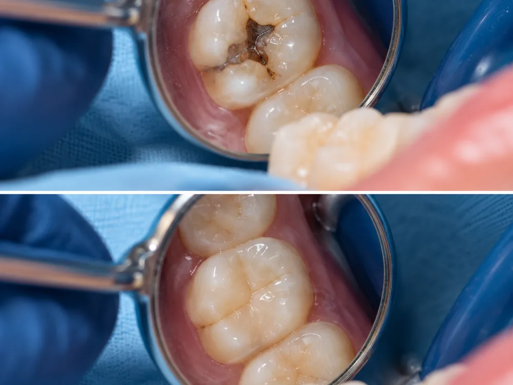 Natural-looking tooth-colored filling on a molar photographed with intraoral lighting and isolation