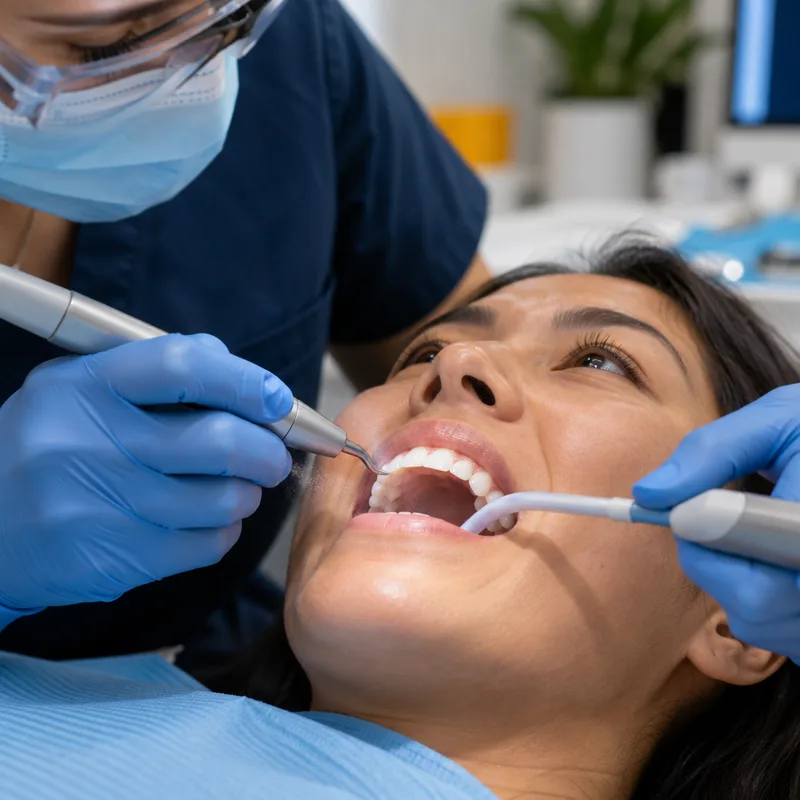 Dental hygienist performing a cleaning with an ultrasonic scaler and suction