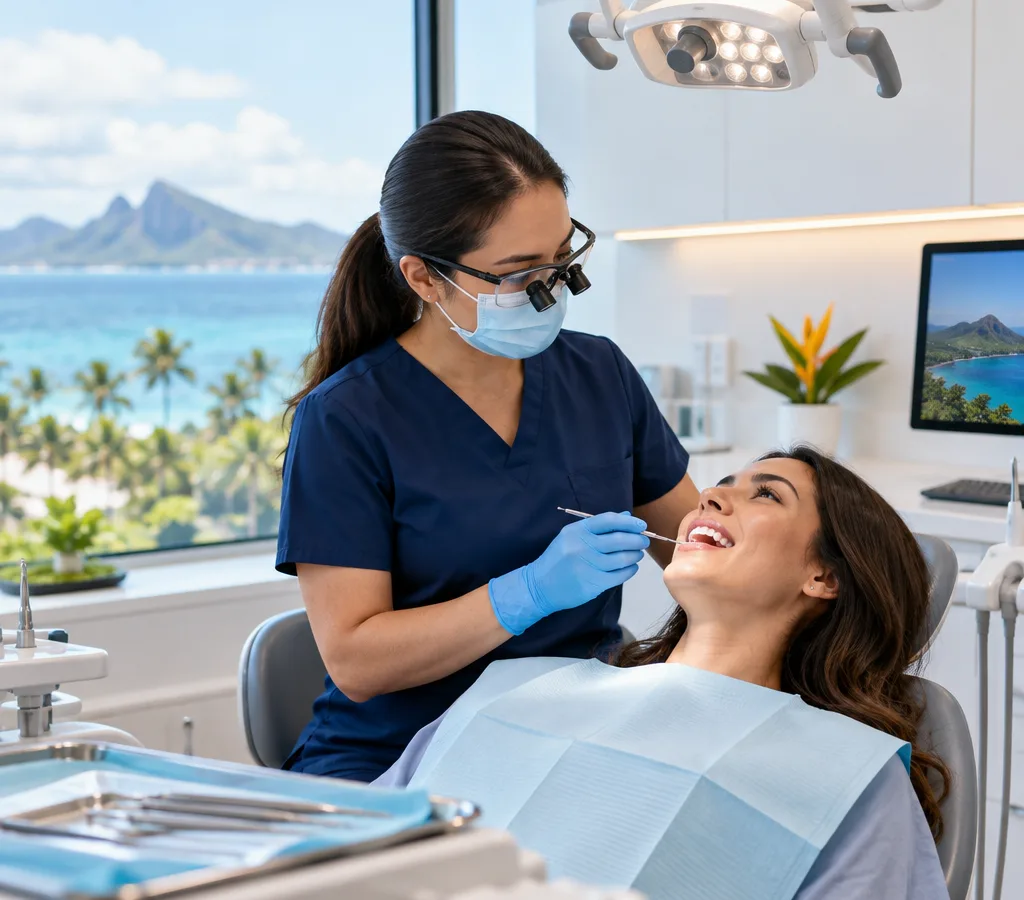 Bright dental exam room with a patient in the chair and a dentist preparing to perform an oral exam