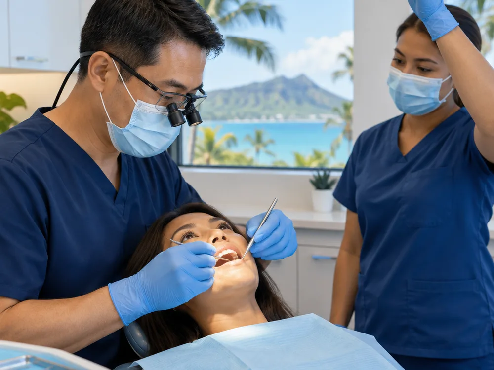 Dentist using a mirror and explorer to examine a patient's teeth while an assistant positions a dental light