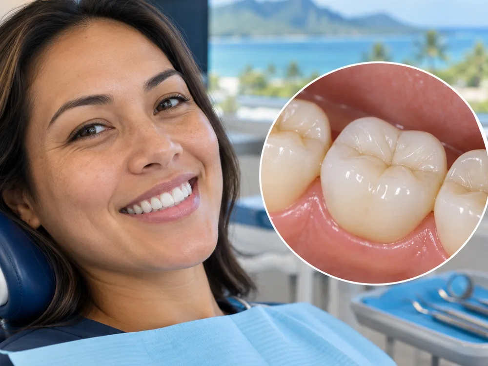 Finished dental crown on a molar with healthy surrounding gums
