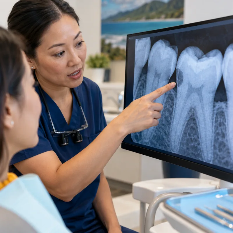Dental X-ray on a monitor as a dentist points to a cavity between molars