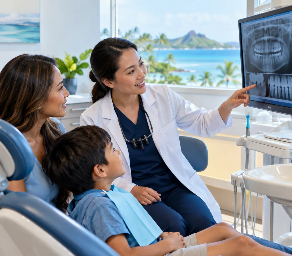 Bright dental exam room during a family checkup as a dentist reviews X-rays with a parent and child