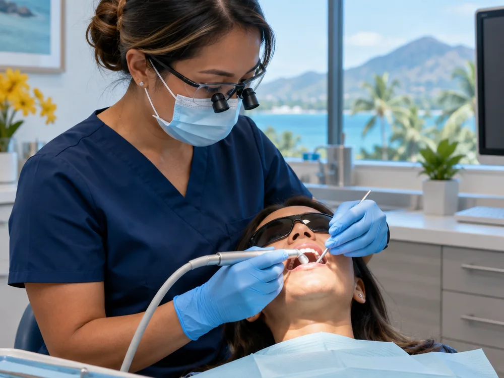 Dental hygienist polishing teeth after scaling during an adult cleaning