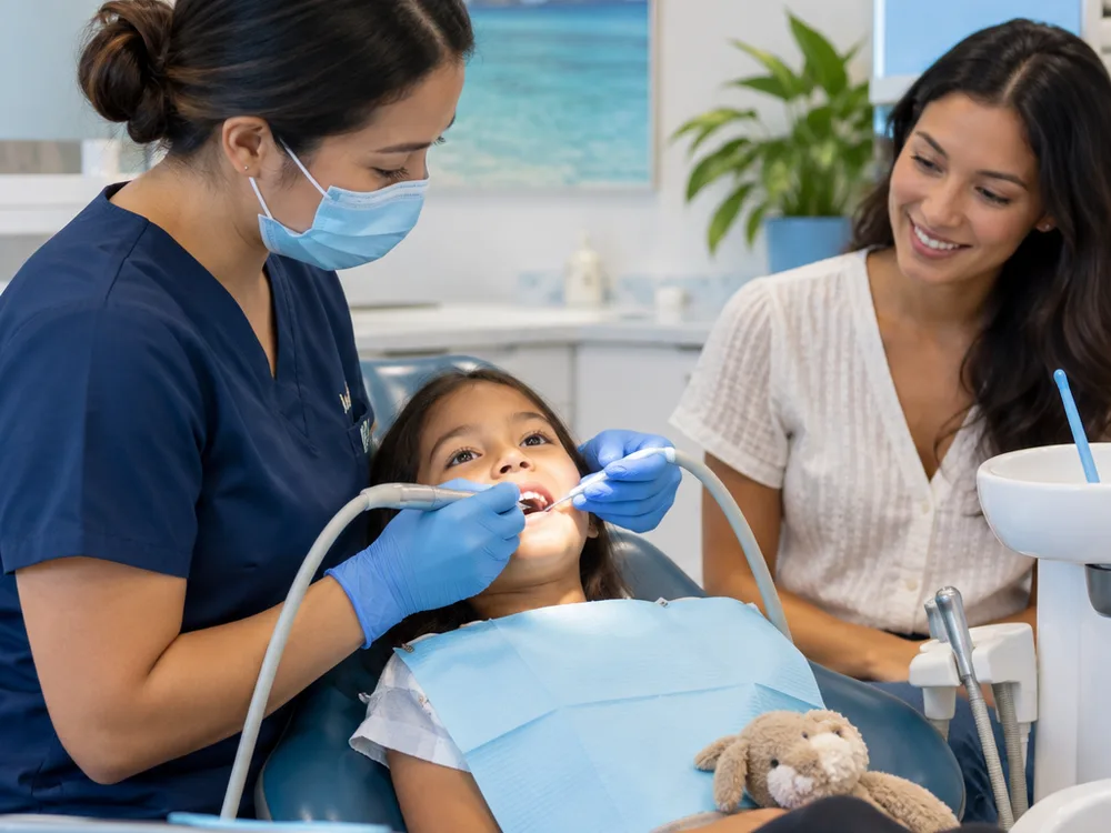 Dental hygienist gently cleaning a child's teeth while a parent sits nearby