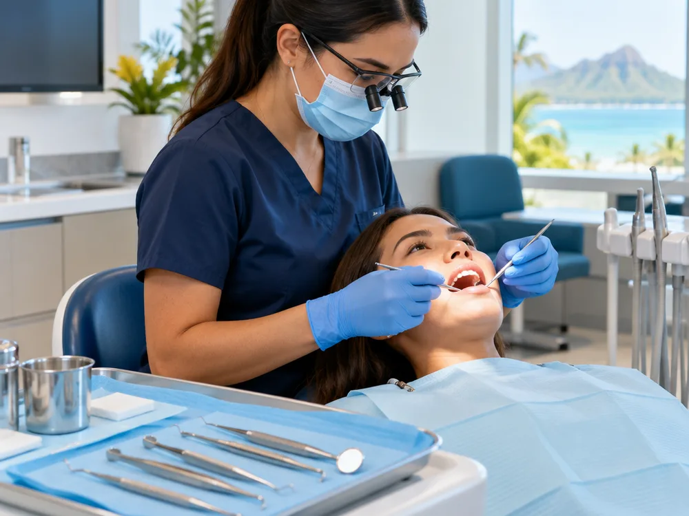 Sterile dental instruments arranged beside a dental chair for a filling appointment