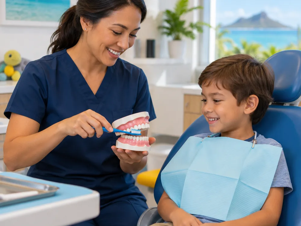 Dentist showing a child a tooth model and demonstrating brushing technique