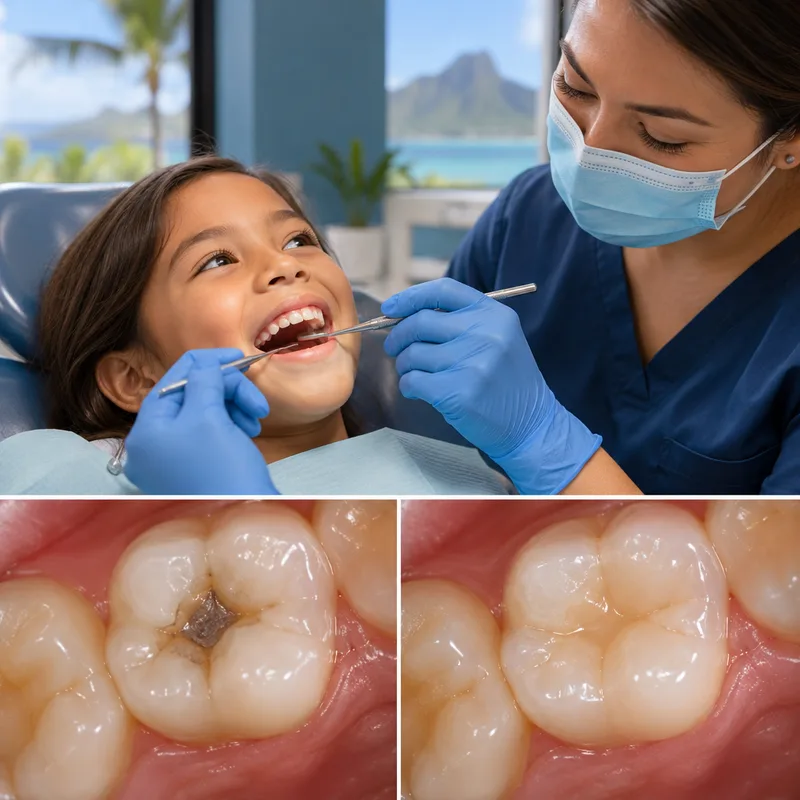 A tooth-colored filling on a child's molar with smooth margins and natural bite anatomy