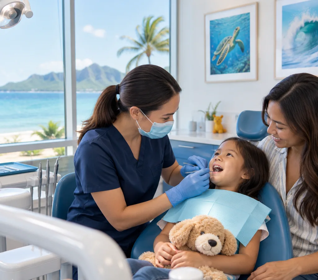 A pediatric dentist examining a young child in a calm dental chair with a parent nearby
