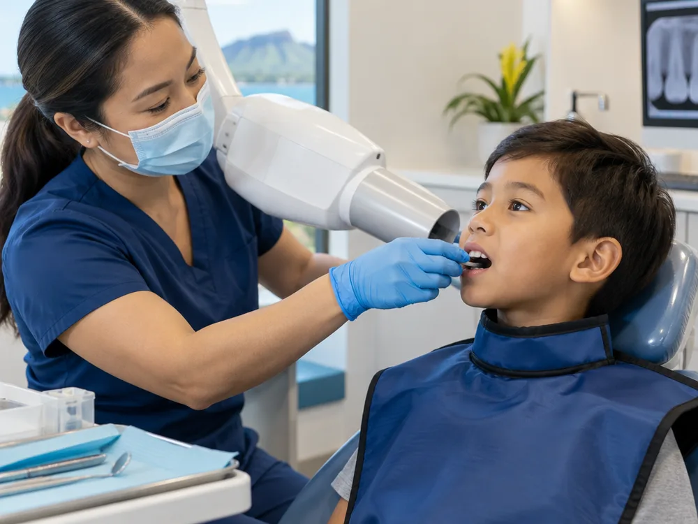 A dentist positioning protective equipment while taking a child's dental X-ray