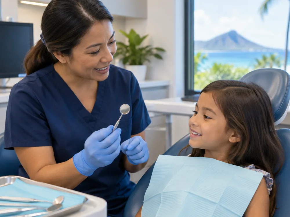 A pediatric dental professional showing a child a small mirror and explaining the exam step by step