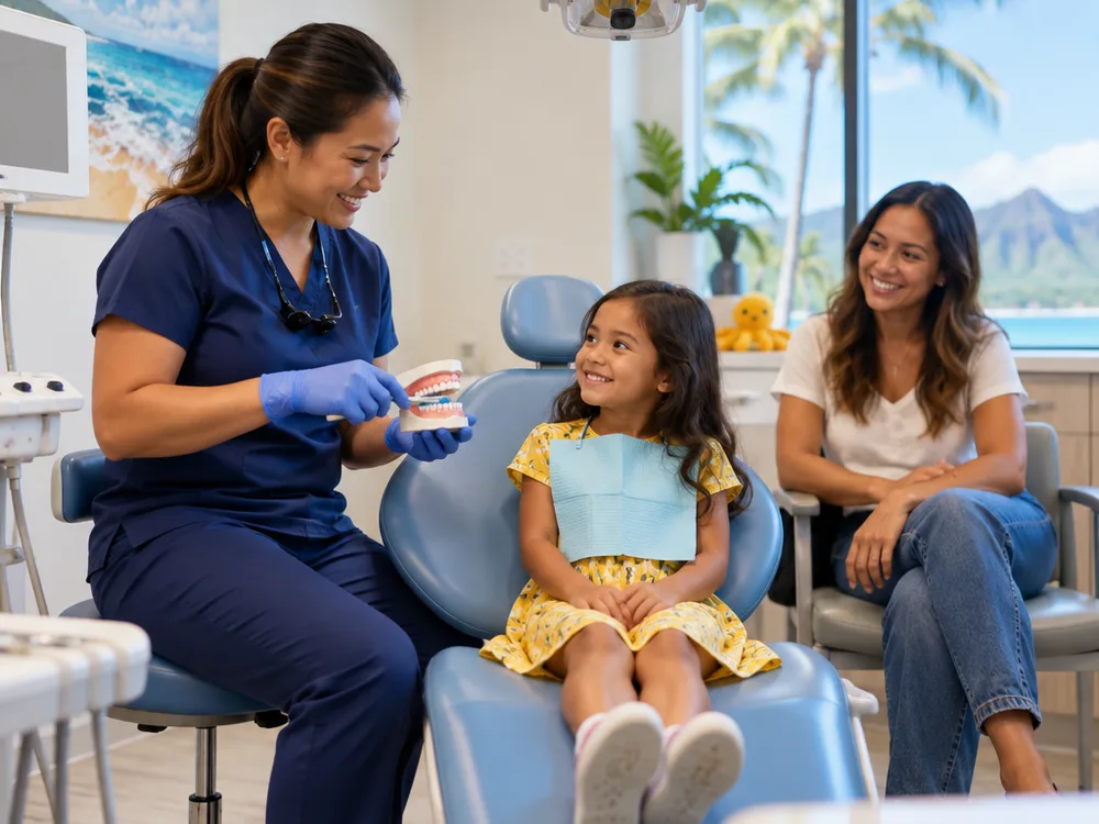 A kid-friendly dental operatory with a small chair and a parent chair positioned beside it