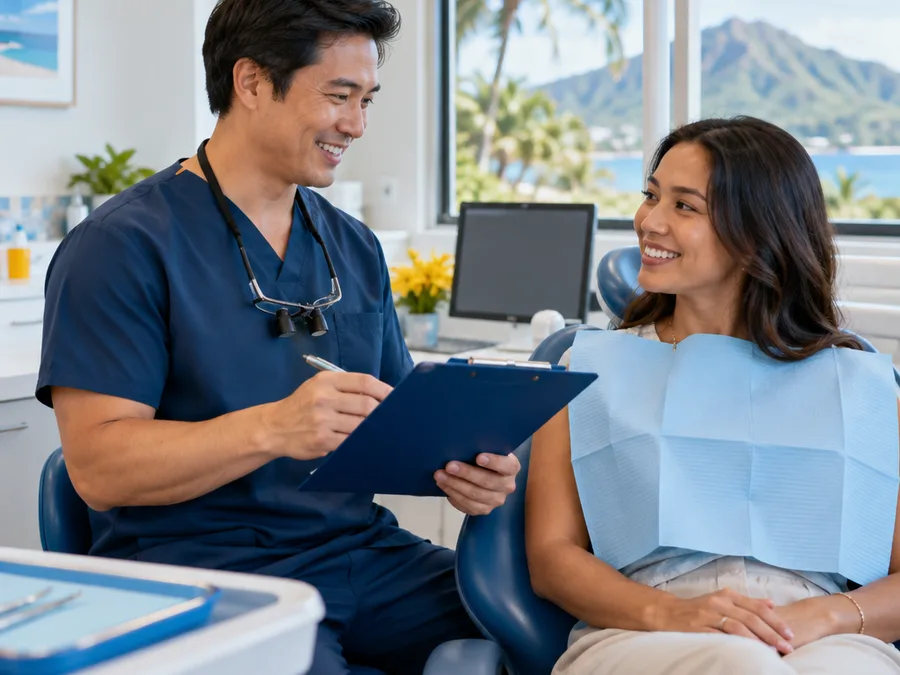 Dentist greeting a patient and reviewing an intake note in a treatment room